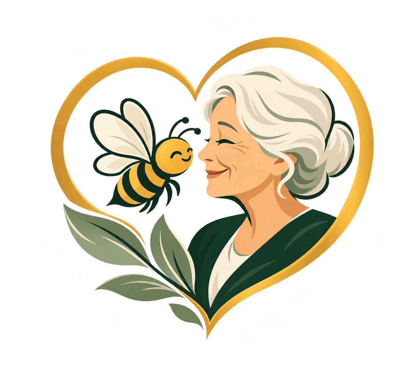 Busy Bees logo: a bee and an older woman inside a heart